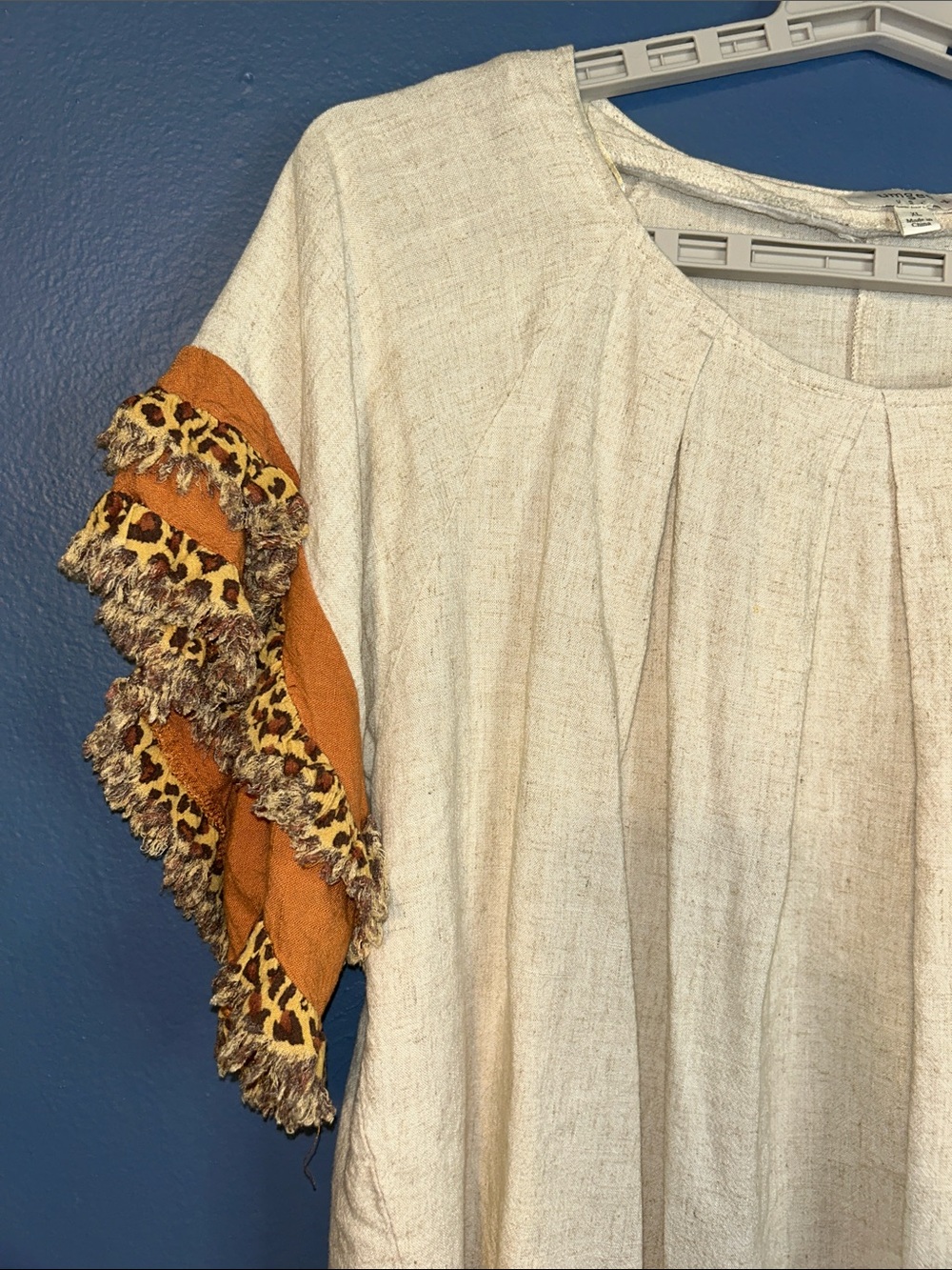 Umgee+ USA Cream Short-Sleeve Top Linen Blend Leopard-Trim Ruffles Boho - Picture 3 of 6